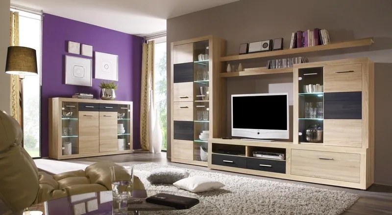 Obývacia stena Cancan 5, dub sonoma/sivá pínia, s osvetlením