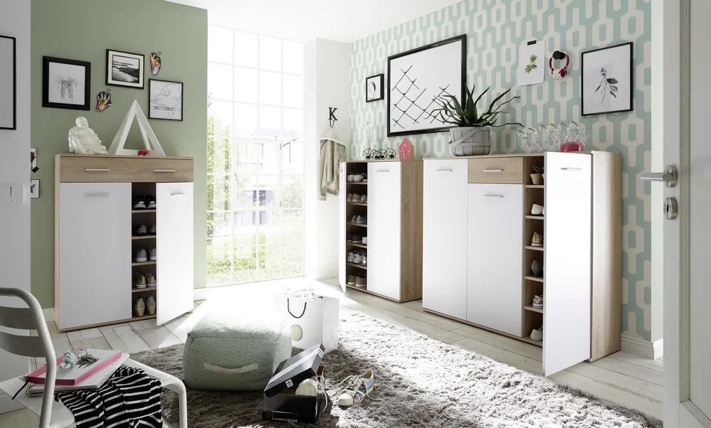 Skrinka s policami/botník Manolo 90 cm, dub sonoma/biela