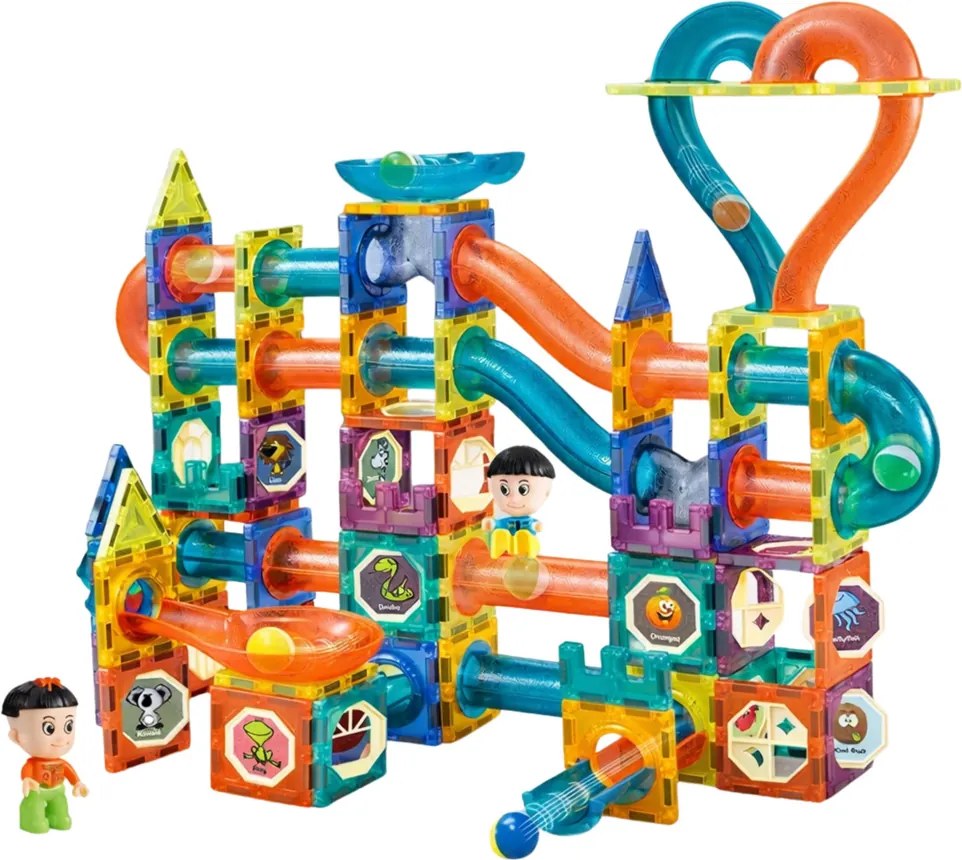 LEAN Toys Sada magnetických blokov guľôčková dráha šmykľavka farebná 188 ks