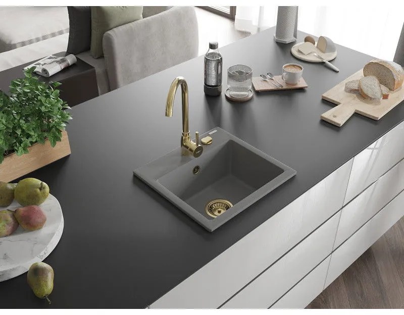 Mexen Milo, 1-komorový granitový drez 435x410x171 mm a zlatá batéria Telma, šedá, 6505-71-670200-50