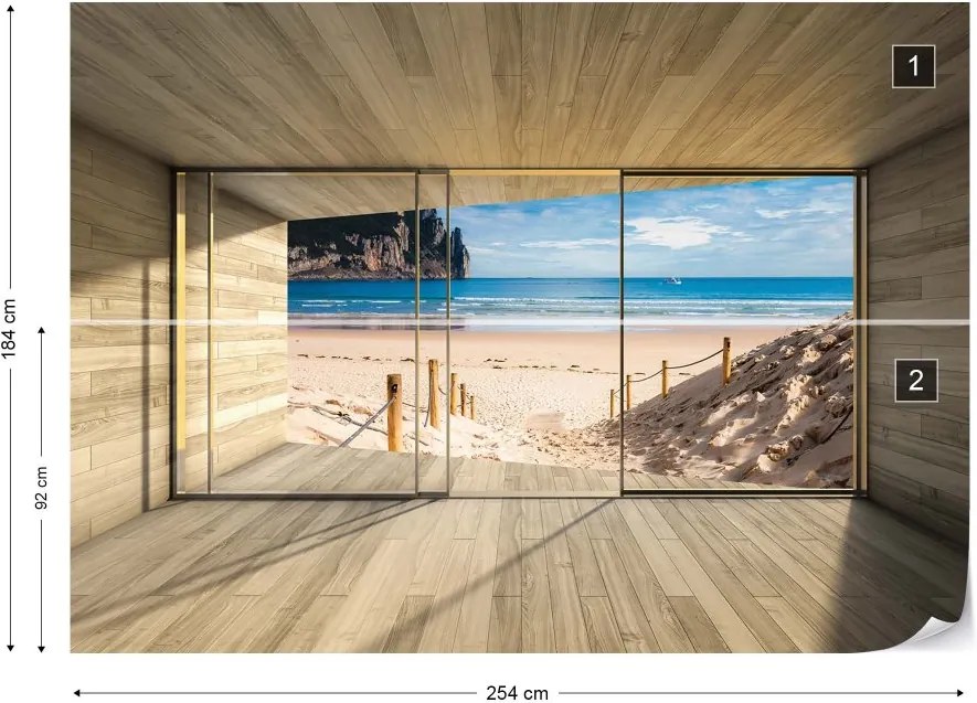 GLIX Fototapeta - Beach 3D Modern Window View Vliesová tapeta  - 254x184 cm