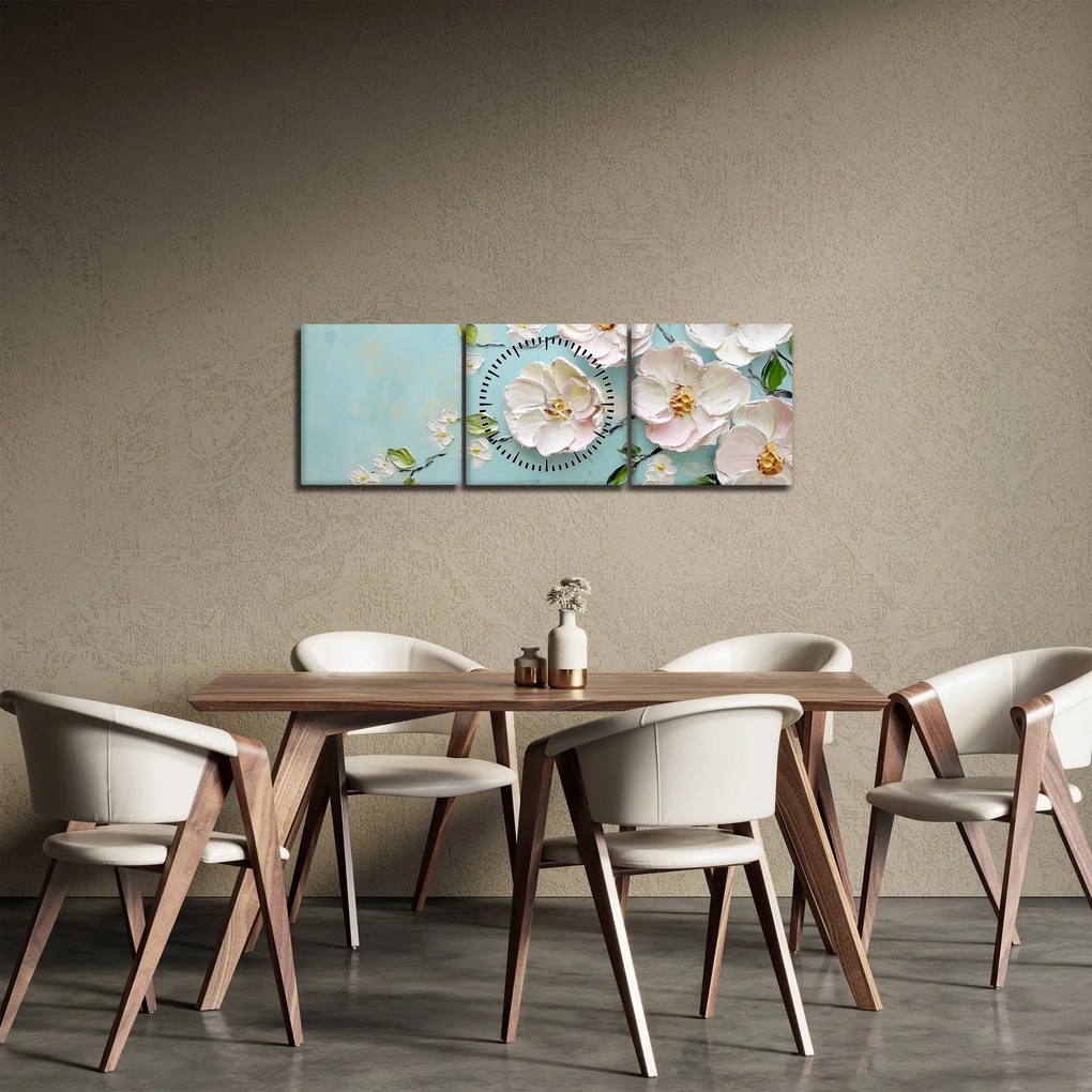 Obraz - Kvietky na modrom pozadí (s hodinami) (90x30 cm)
