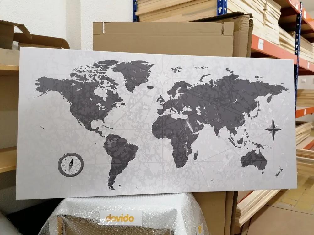 Obraz mapa sveta s kompasom v retro štýle v čiernobielom prevedení - 120x60