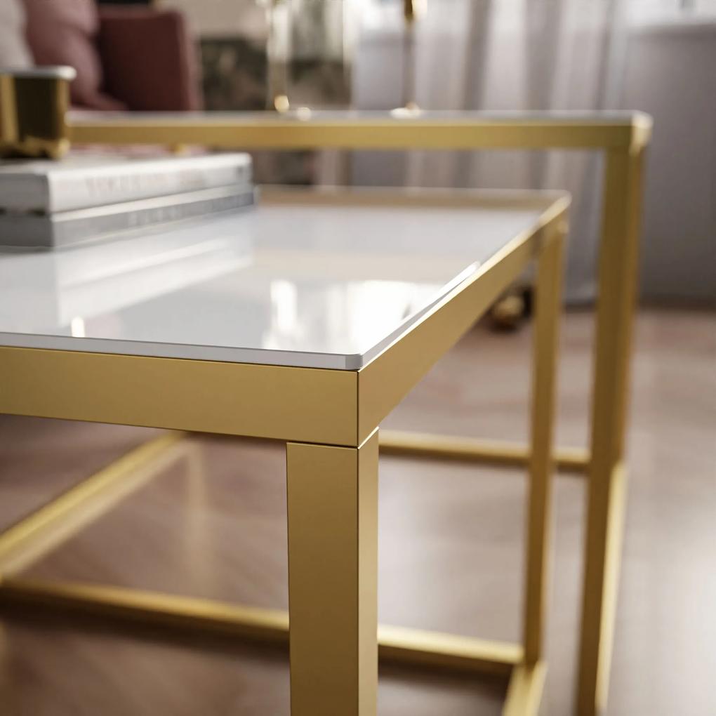 Dizajnový konferenčný stolík  2v1 Felix, biele sklo + zlatý podstavec
