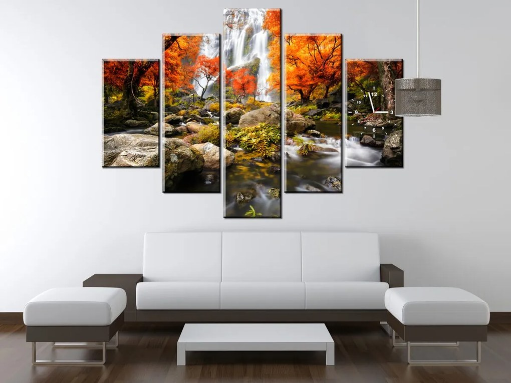 Gario Obraz s hodinami Jesenný vodopád - 5 dielny Rozmery: 150 x 105 cm