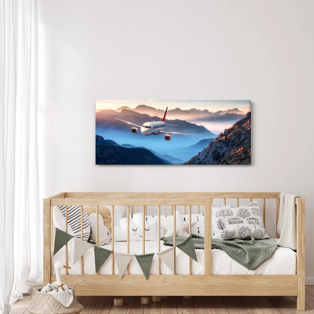 Obraz - Lietadlo nad vrcholmi hôr (120x50 cm)