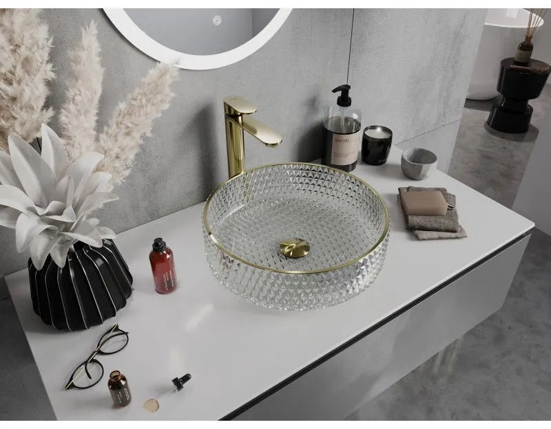 Mexen Aura, sklenené umývadlo na dosku, 39 x 39 cm, číra-zlatá, 24013905
