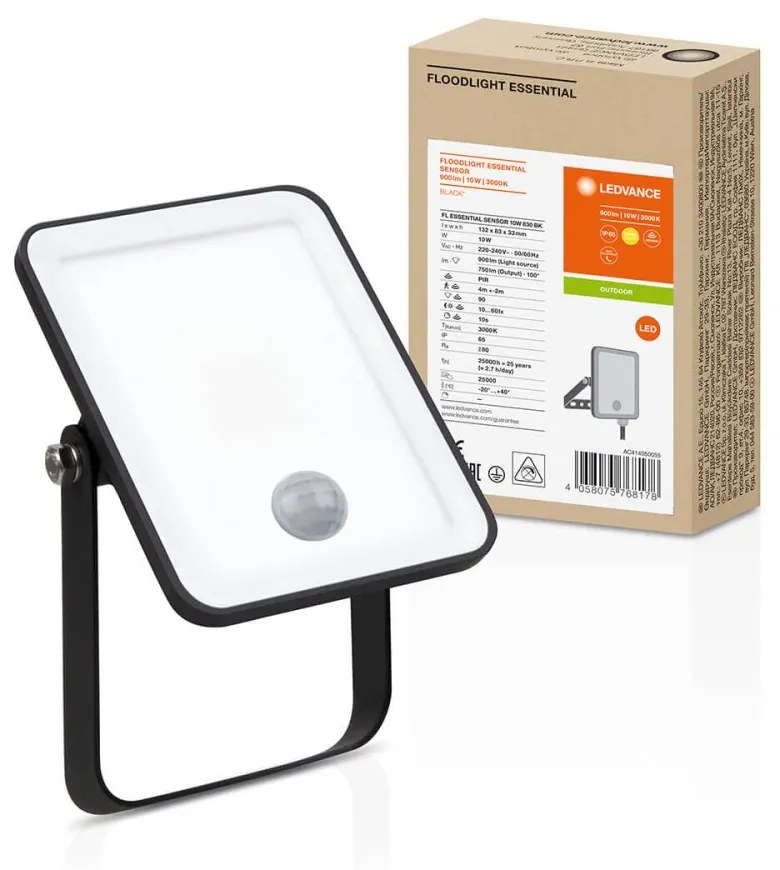 LED reflektor 10W 3000K 750lm IP65 čierny so senzorom pohybu LEDVANCE ESSENTIAL SENSOR