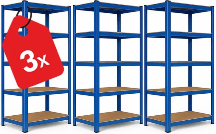 Akcia 3x Regál 180x90x40 cm lakovaný 5-policový, nosnosť 875 kg - modrý
