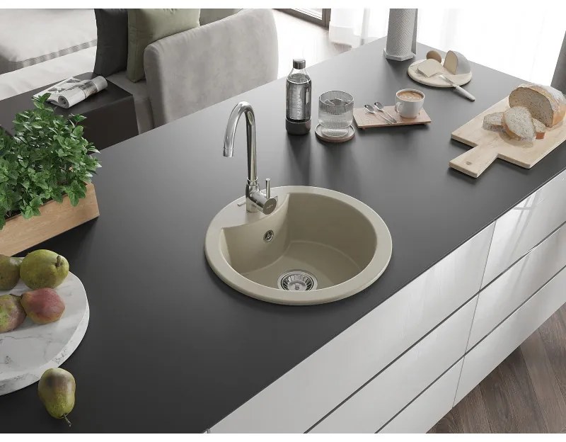 Mexen Diego, 1-komorový granitový drez 488x488x167 mm, chrómový sifón, chrómová batéria Telma, béžová, 6512-69-670200-00