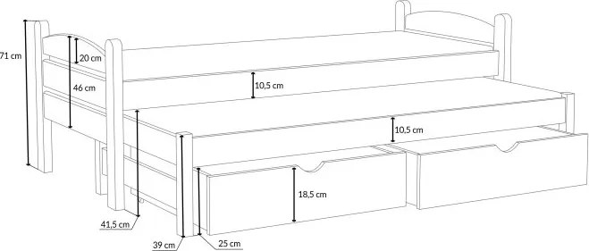 Detská posteľ z masívu borovice PATRICIE s prístelkou a šuplíkmi - 200x90 cm - PRÍRODNÁ BOROVICA