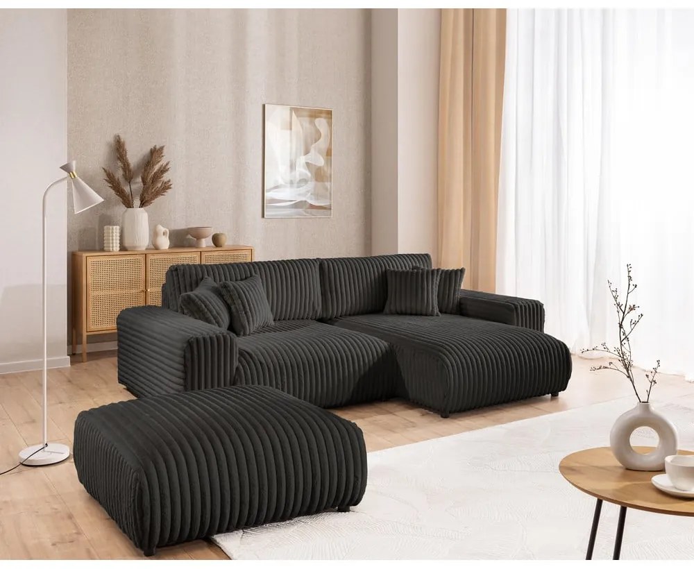 Tmavosivá menčestrová rozkladacia/s úložným priestorom rohová pohovka (pravý roh) Sarina – Ropez