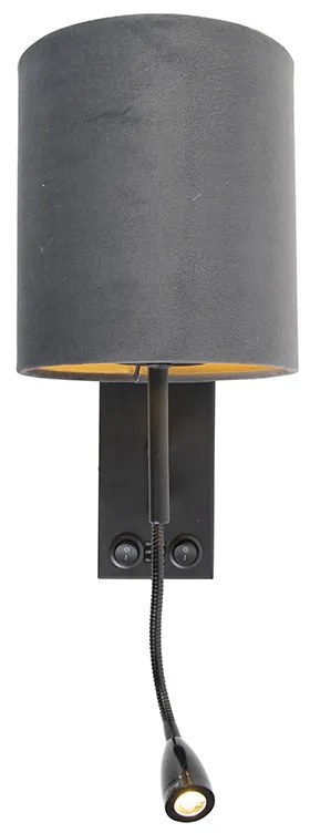 Art Deco nástenná lampa čierna s tmavosivým zamatovým tienidlom - Stacca