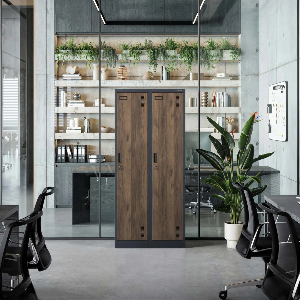 Kovová šatňová dvojmodulová skriňa na sokli s policou KACPER, 800 x 1800 x 500 mm, Eco Design: antracitová/ orech