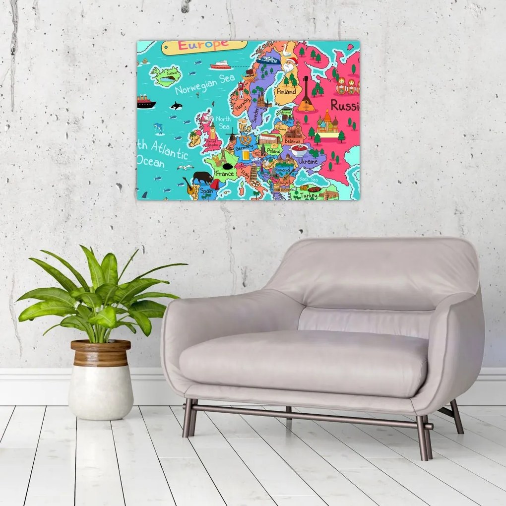 Sklenený obraz - Detská mapa Európy (70x50 cm)