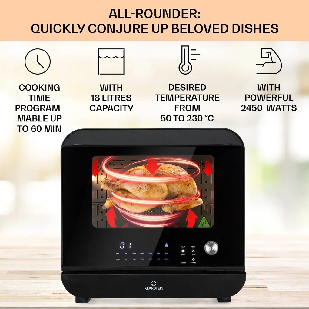 Klarstein Vita Pro, teplovzdušná fritéza s varením v pare, 2450 W, 18 l, 14 programov, 800 ml nádrž na vodu
