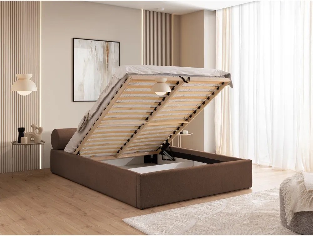 Hnedá čalúnená dvojlôžková posteľ s úložným priestorom s roštom 160x200 cm Cille – Ropez
