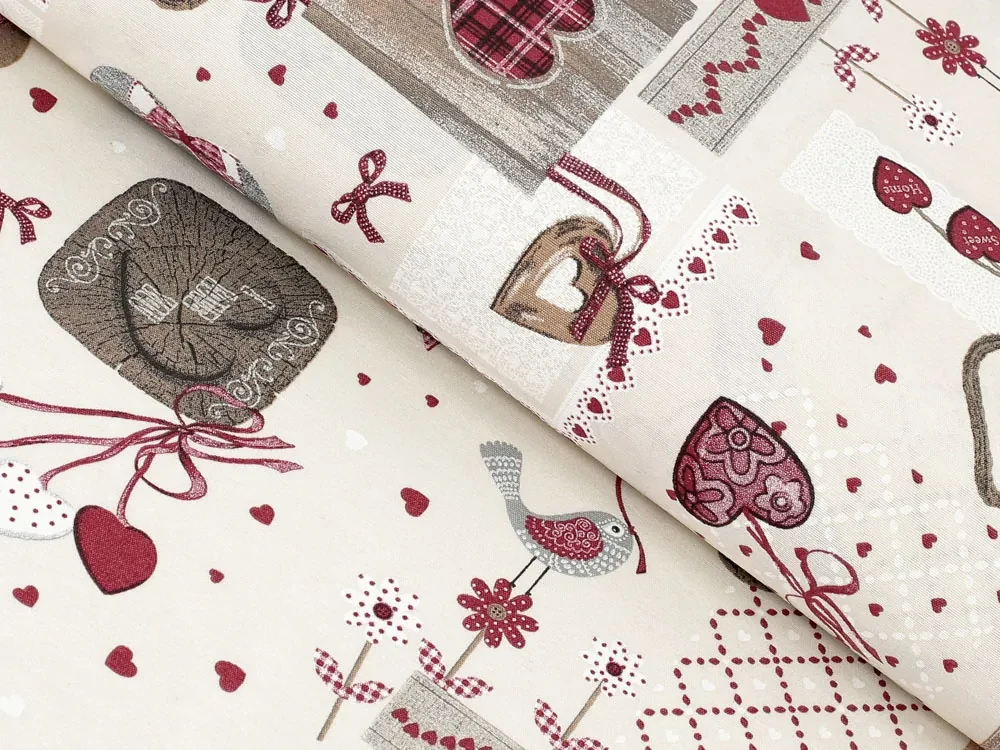 Biante Dekoračný záves Porto PRT-015 Vínovo-sivé srdiečka na krémovom - šírka 130 cm 130x150 cm