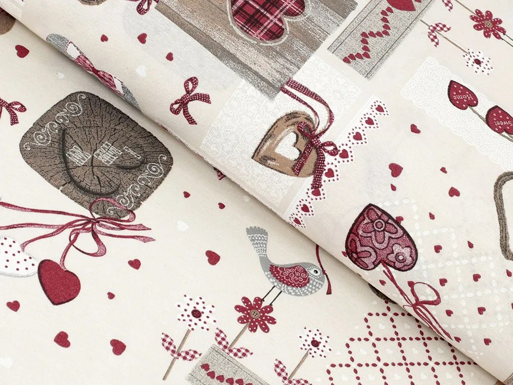 Biante Dekoračný záves Porto PRT-015 Vínovo-sivé srdiečka na krémovom - šírka 130 cm 130x220 cm
