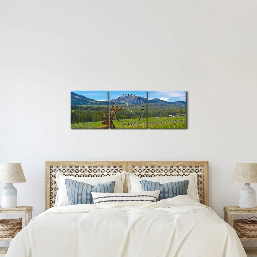 Obraz - Jeleň v lúke (s hodinami) (90x30 cm)