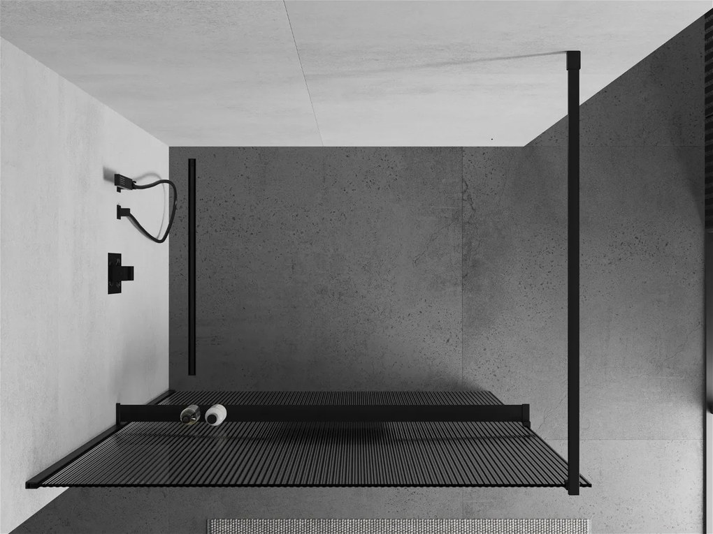 Mexen Kioto, sprchová zástena s poličkou a vešiakom na uteráky 140 x 200 cm, 8mm sklo s rebrovým vzorom, čierny profil, 800-140-121-70-09