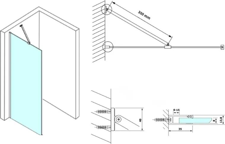 Erga Paris, rohová vzpera pre sprchové zásteny s hrúbkou skla 6/8/10 mm, dĺžka 35cm, chrómová, ERG-V02-PARIS-BAR35-CR