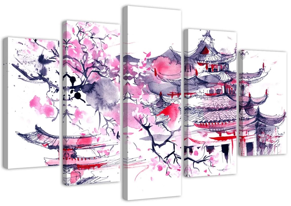 Gario Obraz na plátne Japonská pagoda a čerešňový kvet - 5 dielny Rozmery: 100 x 70 cm