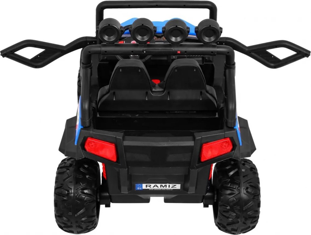 Ramiz Terénna bugina Strong pre deti modrá + pohon 4x4 + diaľkové ovládanie + nosič batožiny + rádio MP3 + LED