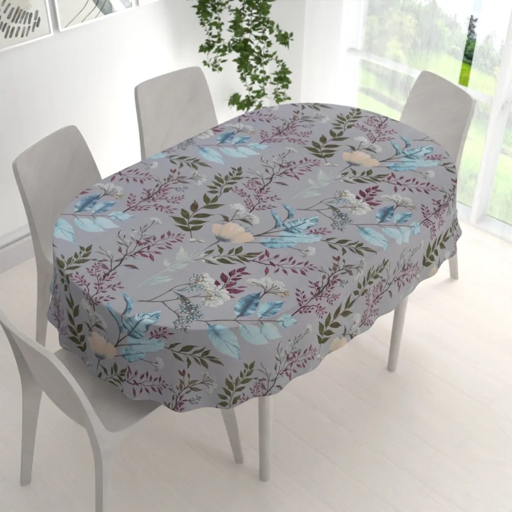 Biante Bavlnený oválny obrus Sandra SA-621 Jesenné vetvičky na modrosivom 120x200 cm