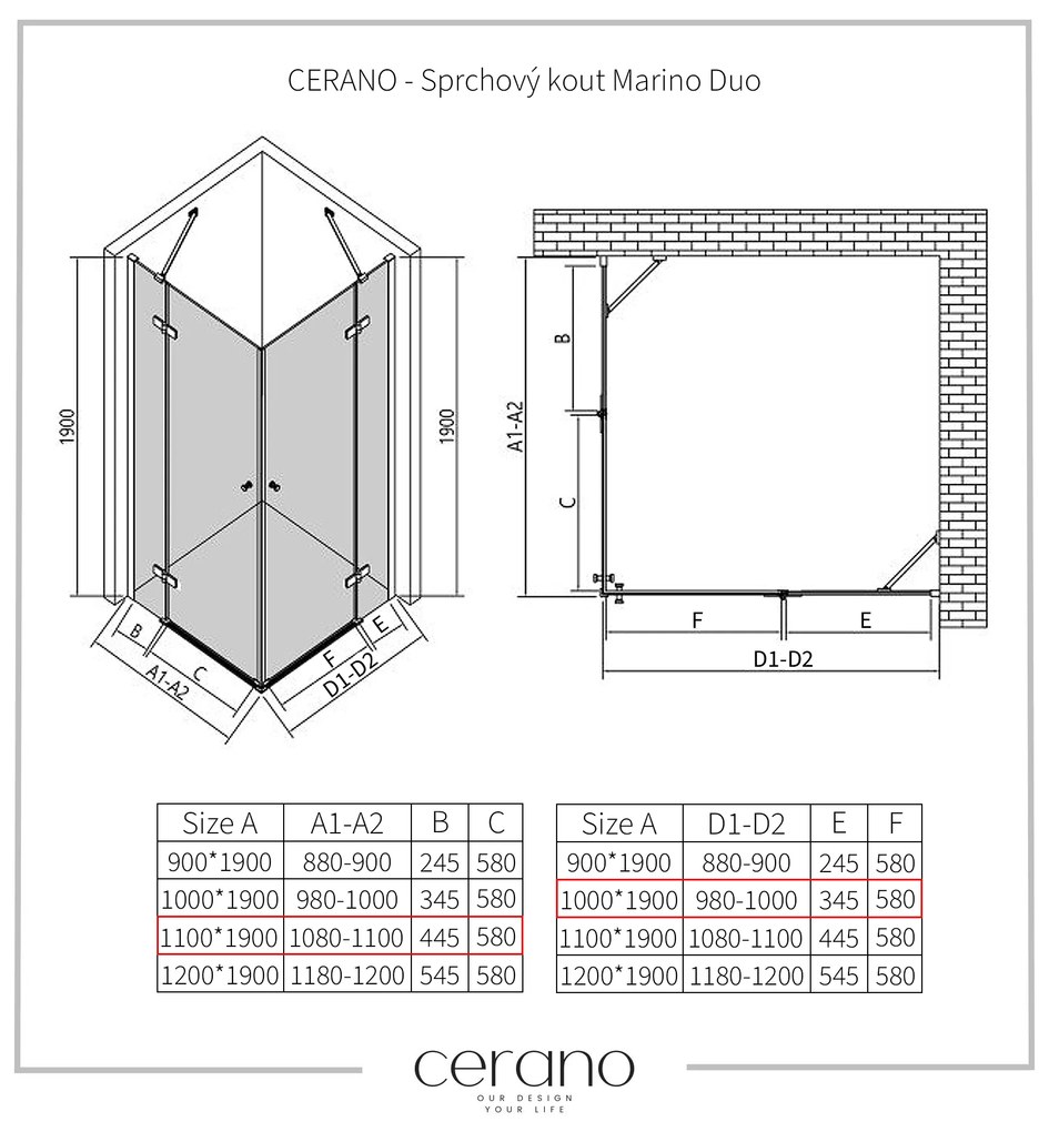 Cerano Marino Duo, sprchovací kút 110(dvere) x 100(dvere), 6mm číre sklo, chrómový profil, CER-CER-480229