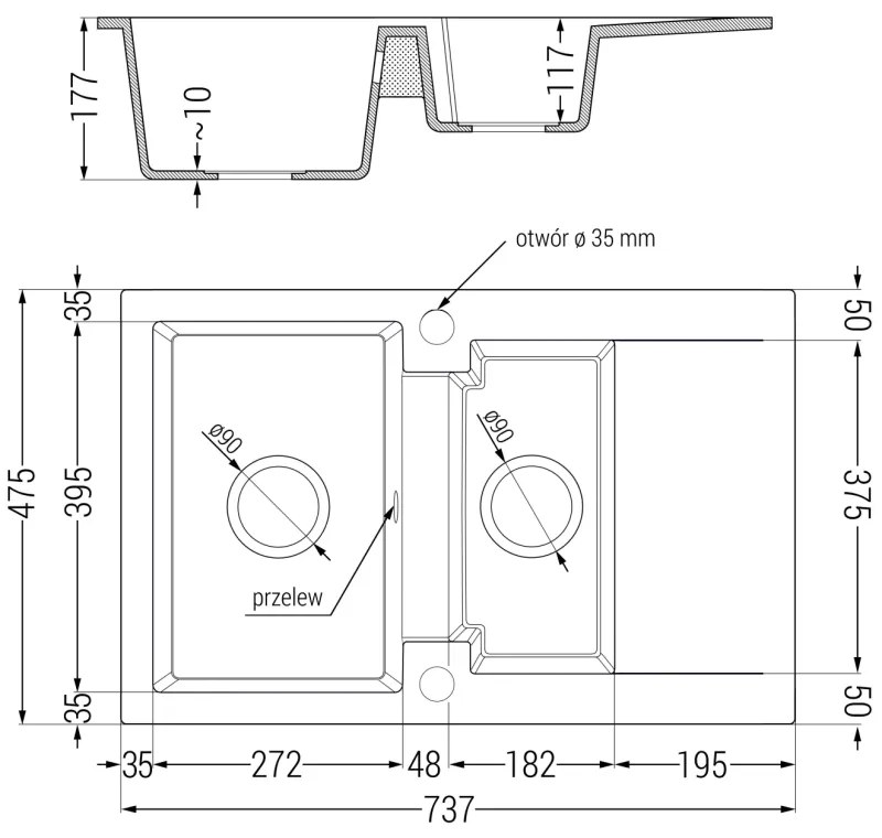 Mexen Gaspar, 1,5-komorový granitový drez 737x475x177 mm a drezová batéria Savita, čierna-strieborná metalíza, 6507-73-672601-00
