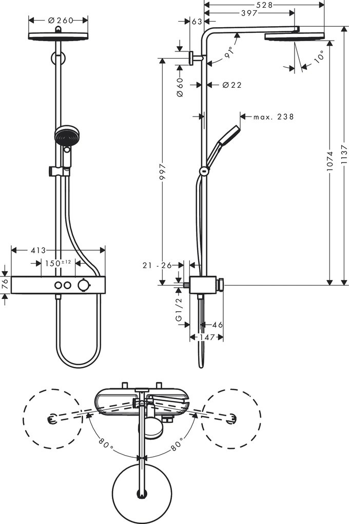 Hansgrohe Pulsify S, Showerpipe 260 1jet s termostatom ShowerTablet Select 400, chróm, HAN-24220000