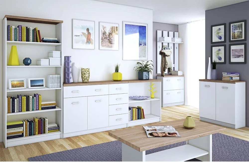 Trojdverová komoda Topty Typ 7 3D2S - biela / dub sonoma