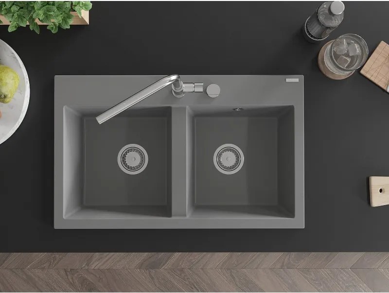 Mexen Hektor, 2-komorový granitový drez 800x480x205 mm, šedá, chrómový sifón, 6521802000-71