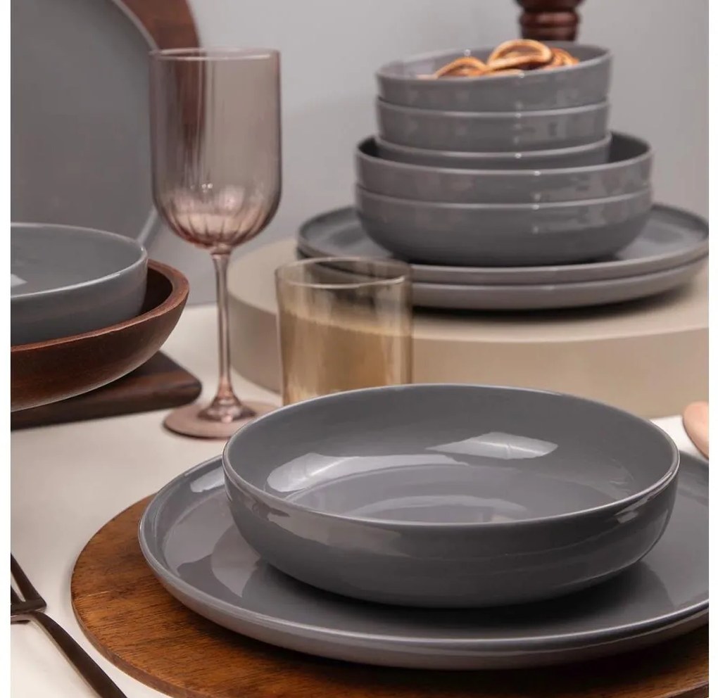 12-dielna jedálenská súprava, sivá/porcelán