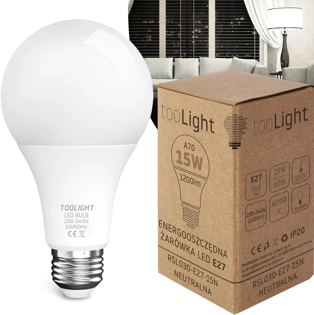 Toolight Toolight, LED žiarovka E27, 15W, 1200lm, 4000K neutrálna biela, RSL030, OSW-20015