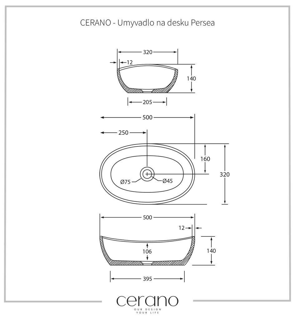 Cerano Persea, umývadlo na dosku z liateho mramoru 500x320x140 mm, biela matná, CER-CER-WB23