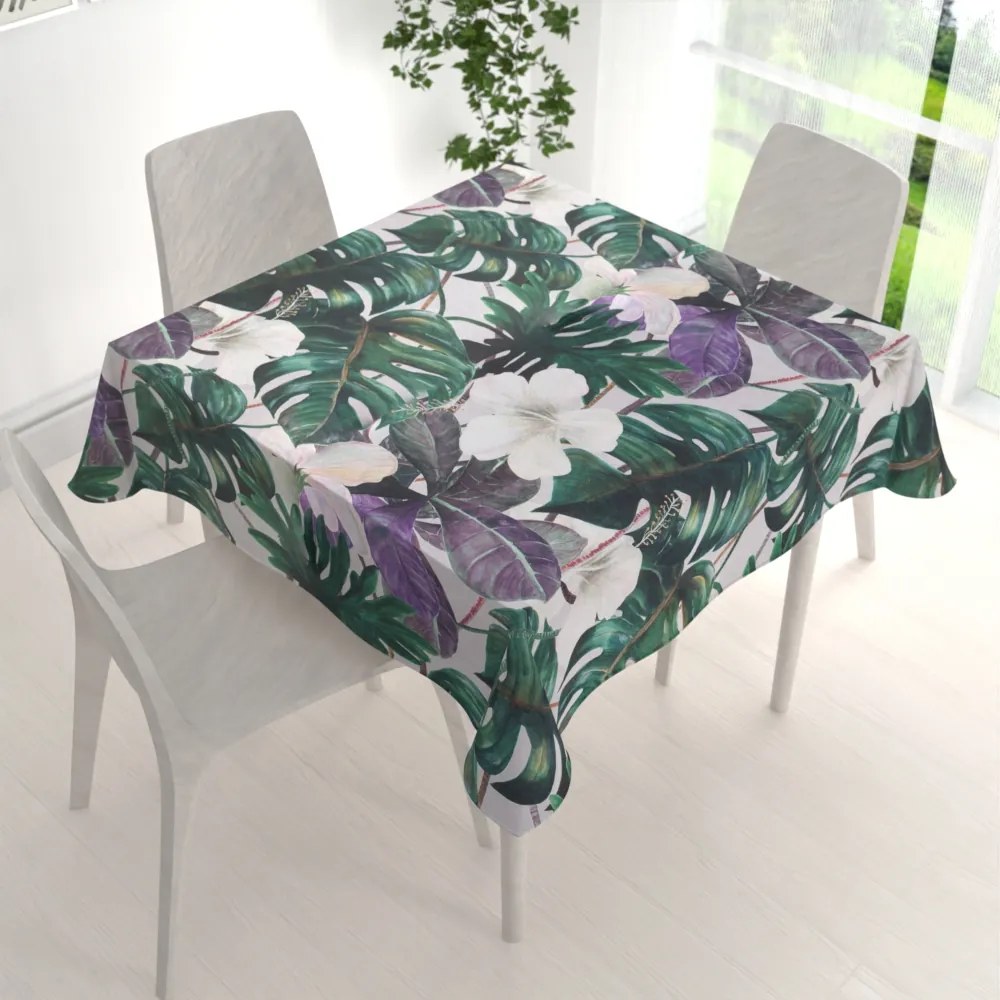 Biante Dekoračný štvorcový obrus Leona LN-146 Tropické listy s kvetmi na režnom 80x80 cm
