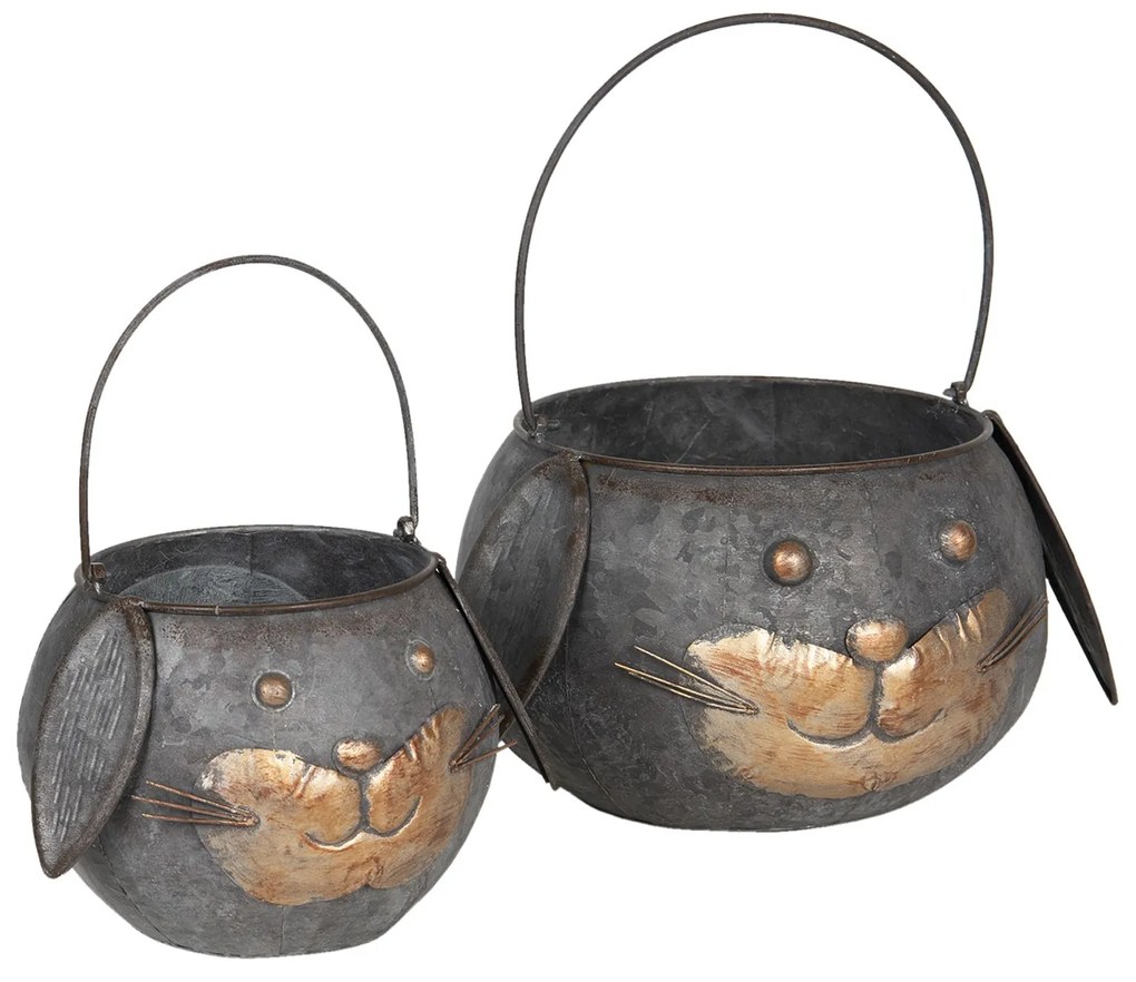 2ks plechový obal na kvety v tvare hlavy zajačika - Ø 25*17/35 / Ø 19*15/30 cm