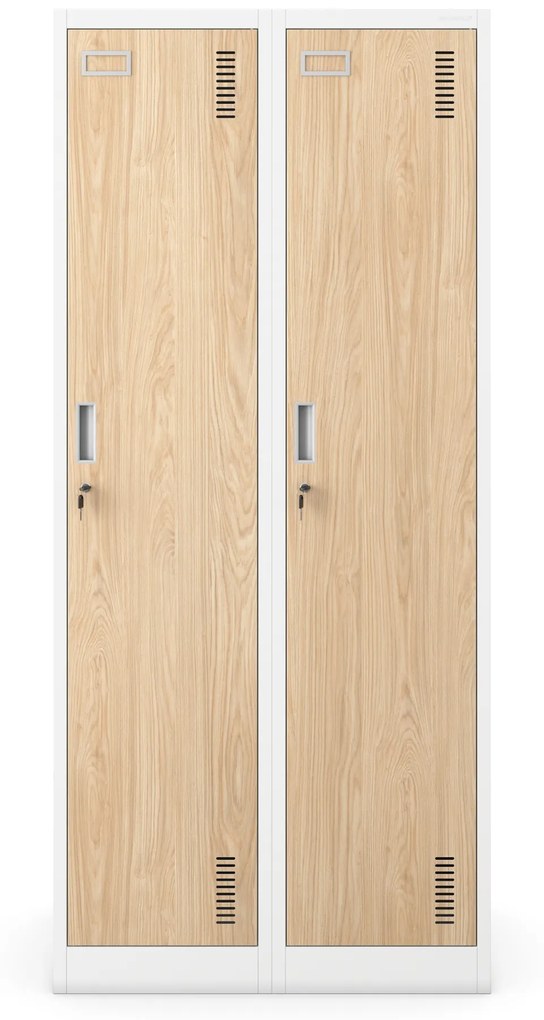 Kovová šatňová štvormodulová skriňa na sokli s policou KACPER, 800 x 1800 x 500 mm, Eco Design: biela/ dub sonoma