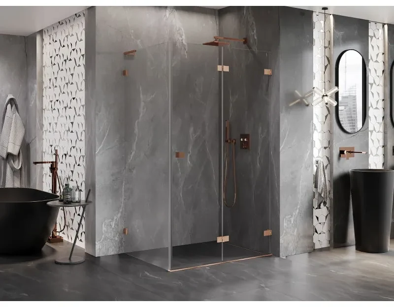 Mexen Lunar-F L, pravý sklápací sprchový kút 95 x 80 cm, 8mm číre sklo, profil medená matná, 836L-095-080-65-00-P