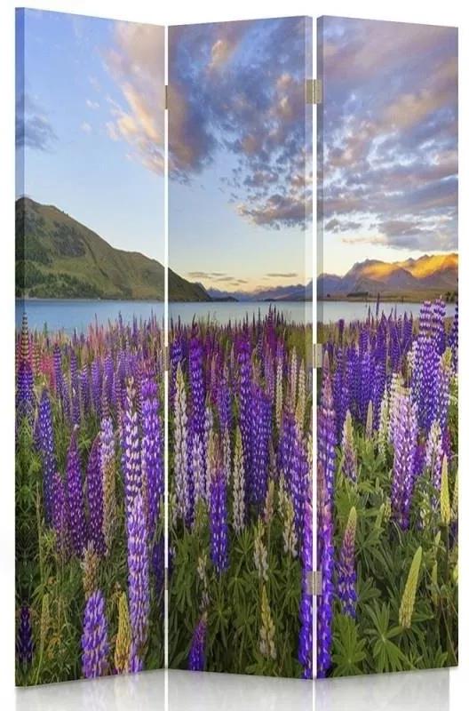 Ozdobný paraván Levandulové jezero Květiny - 110x170 cm, trojdielny, klasický paraván