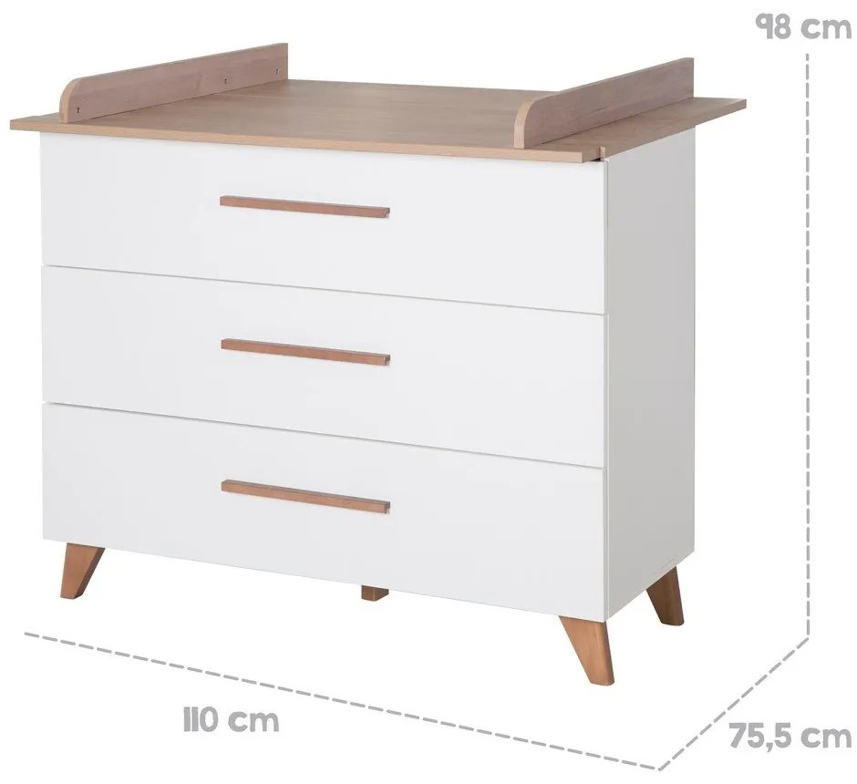 Nízka detská komoda v dekore duba s prebaľovacím pultom v bielo-prírodnej farbe 110x98 cm – Roba