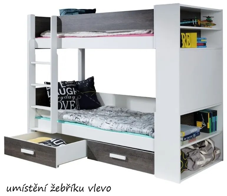 Detská poschodová posteľ z masívu borovice GASPAR so šuplíkmi a regálom - 200x90 cm - biela/dub sonoma
