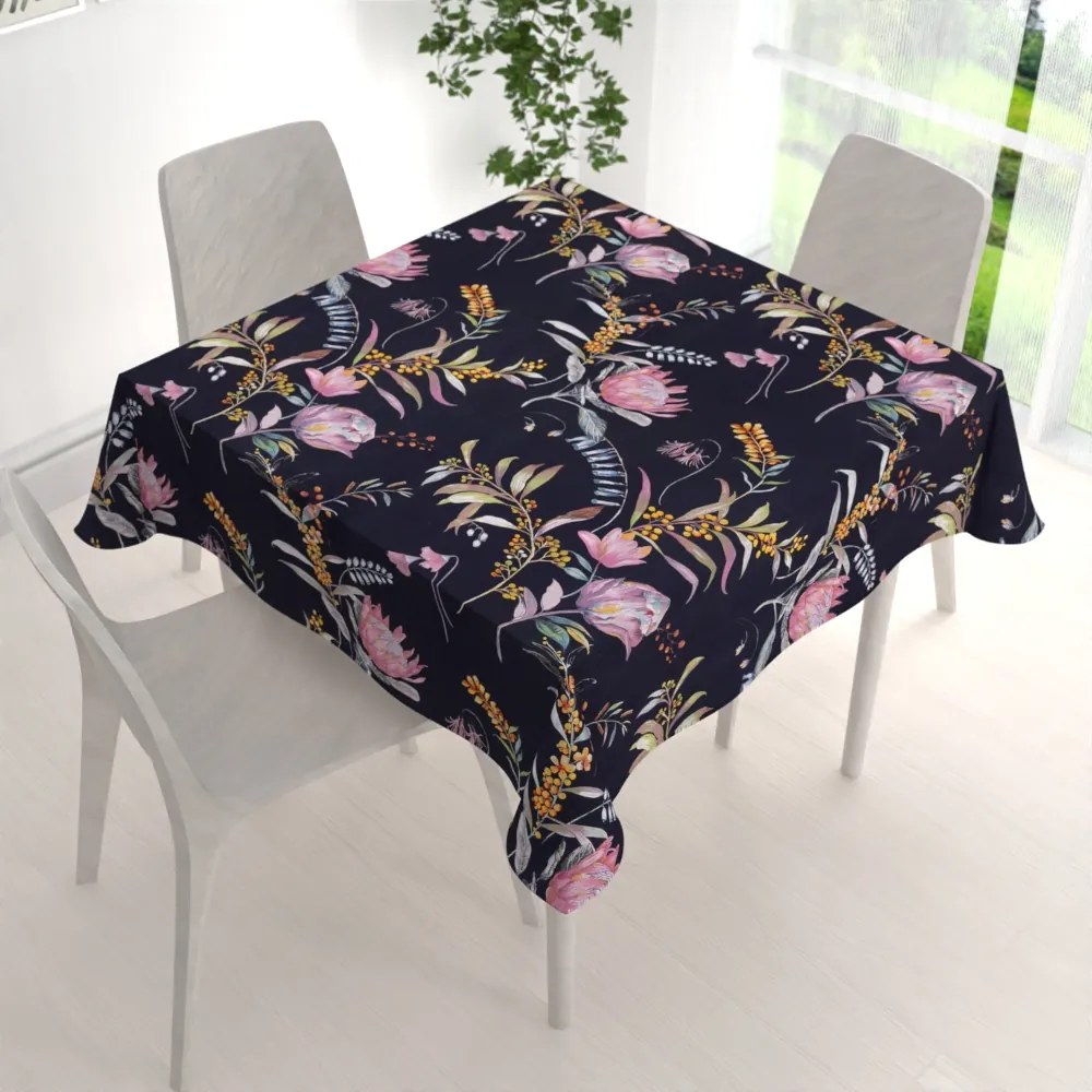Biante Bavlnený štvorcový obrus Sandra SA-427 Dúhové kvety na tmavo modrom 90x90 cm