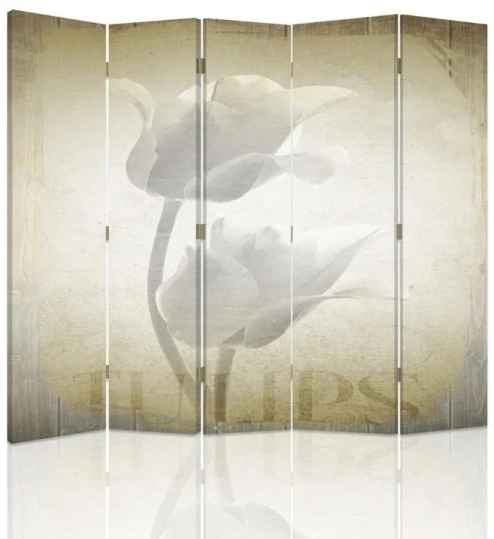 Ozdobný paraván, Retro tulipány - 180x170 cm, päťdielny, obojstranný paraván 360°