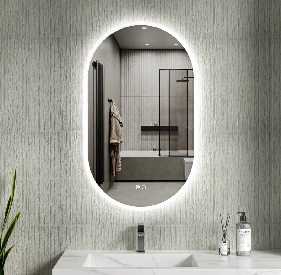 Erga Demi, oválne LED zrkadlo 60x100cm, 3 farby svetla, predné osvetlenie, vyhrievacia podložka proti zapareniu, ERG-V01-Demi-6010-CL