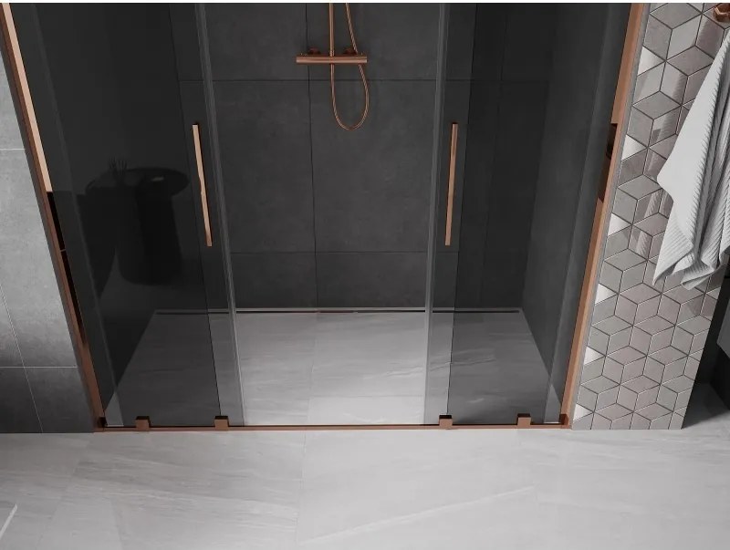 Mexen Velar L Duo, posuvné sprchové dvere do otvoru 200 cm, 8mm šedé sklo, ružové zlato, 871-200-003-42-60