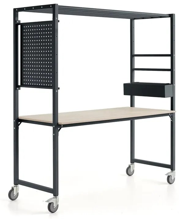 Mobilný stôl TEAMWORK, box na príslušenstvo, panel na náradie, antracit/jaseň