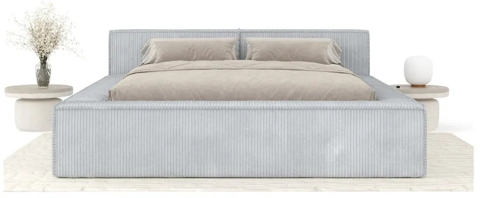 Svetlosivá čalúnená dvojlôžková posteľ s úložným priestorom s roštom 200x200 cm Voliera – Maison de Rêve